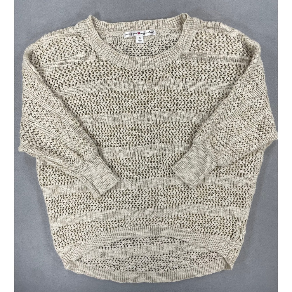 Wearing Your Heart On Your Sleeve Womens Sweater Dolman Beige Open Knit S